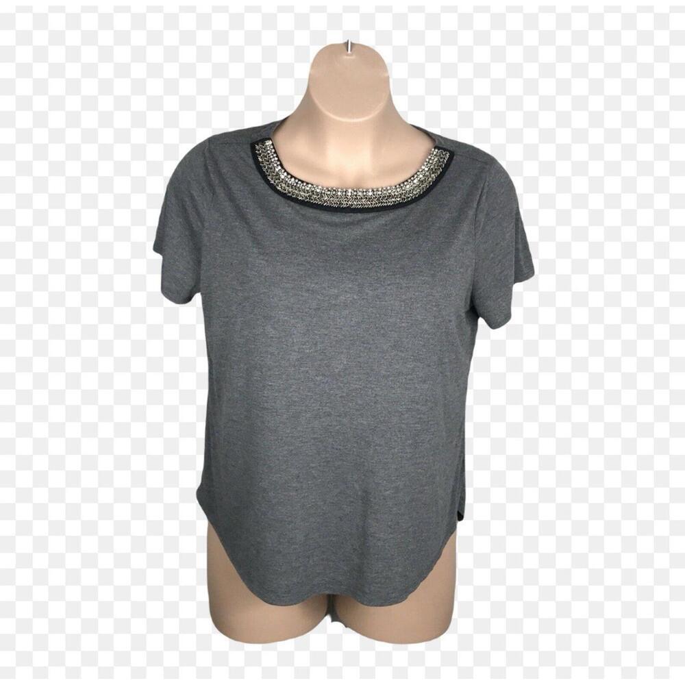 A.n.a Women's Shirt Blouse ~ Sz 3X ~‎ Gray ~ Short Sleeve ~ Bling around Neck
